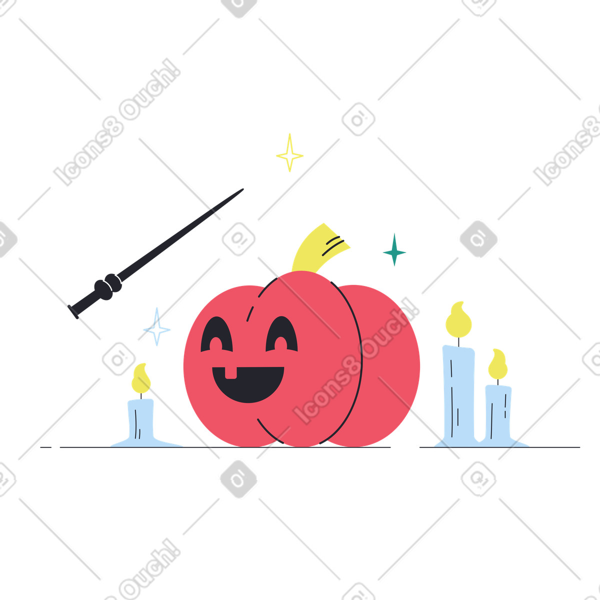 Boba 스타일의 Magic wand, jack o'lantern and candles, Spooky decorations or spellcasting concept 일러스트레이션 PNG, SVG 다운로드