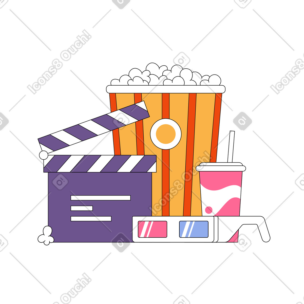 Bloom スタイルの ソーダ ポップ シネマティック クラッパーと 3d メガネを使ったポップコーン のイラストをPNG、SVG形式でダウンロード