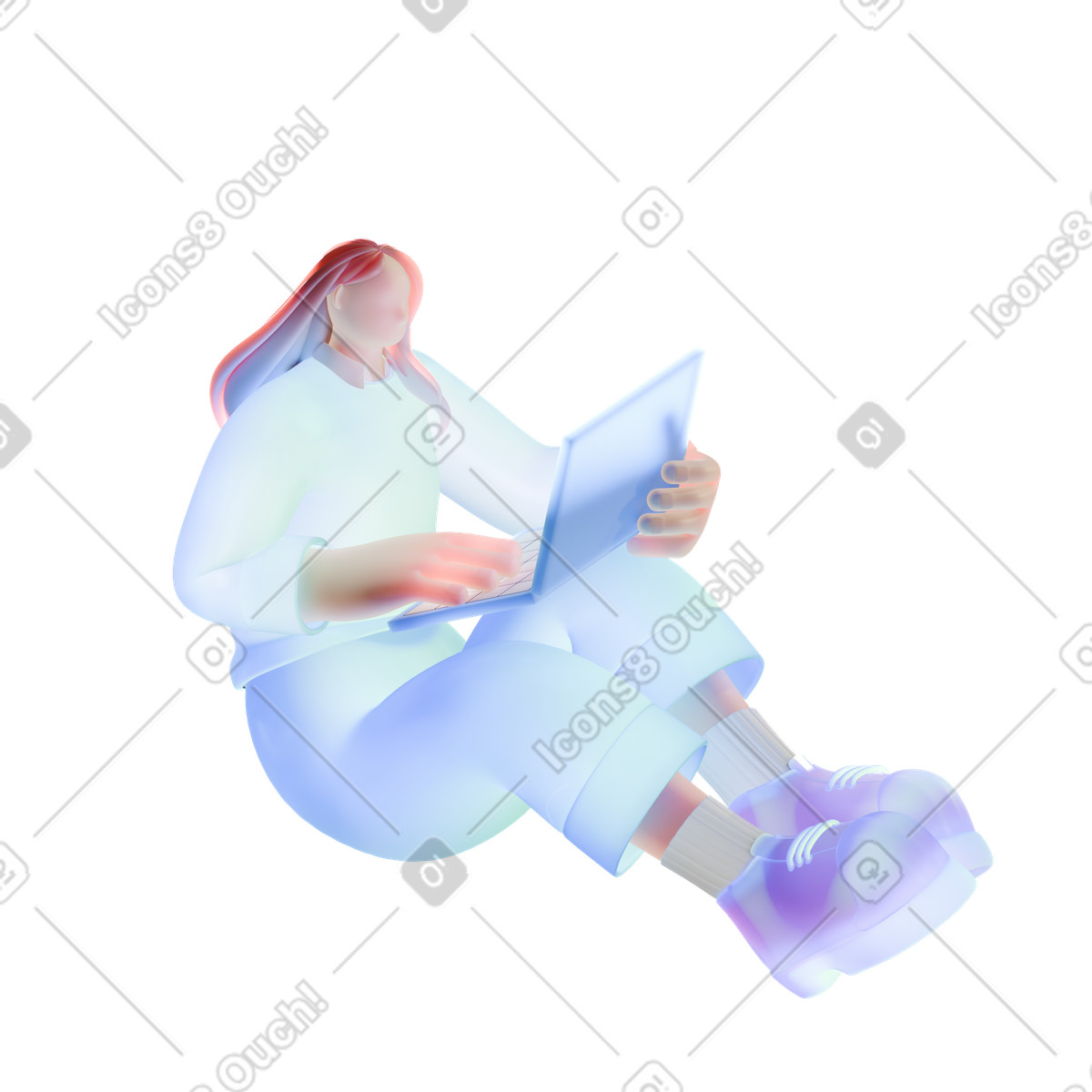 Persona in abiti luminosi seduta al computer portatile illustrazione stile 3D Airy scarica PNG, SVG