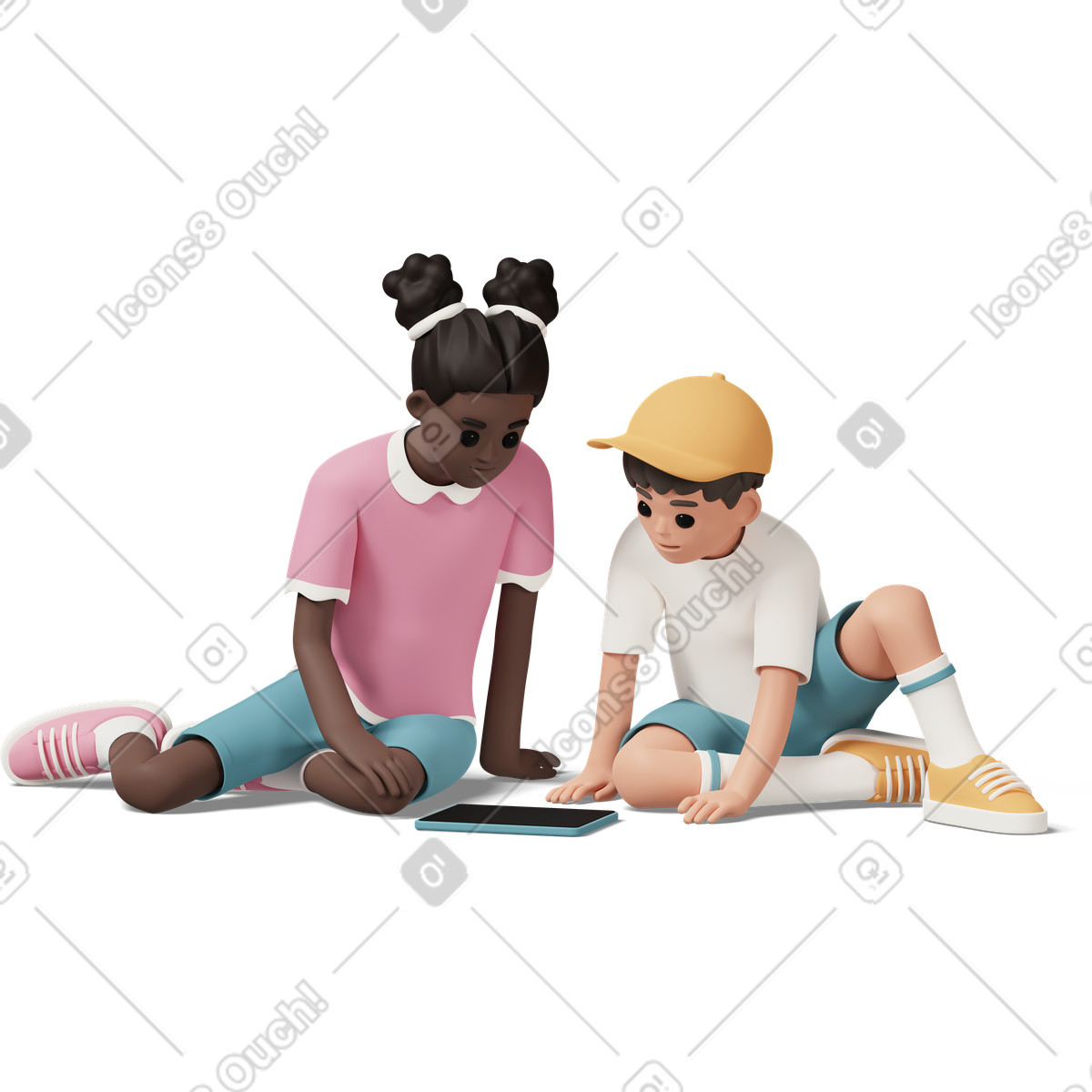 3D Casual life 스타일의 Girl and boy sitting on floor watching tablet 일러스트레이션 PNG, SVG 다운로드