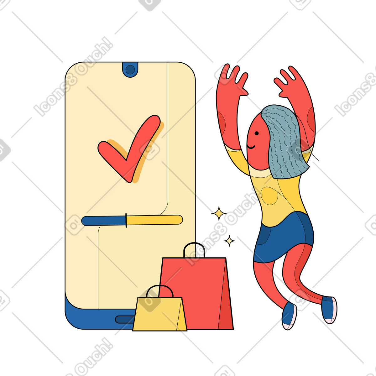 Ilustración Happy customer receiving purchase confirmation, Online shopping satisfaction en estilo Surr a descargar en PNG y SVG