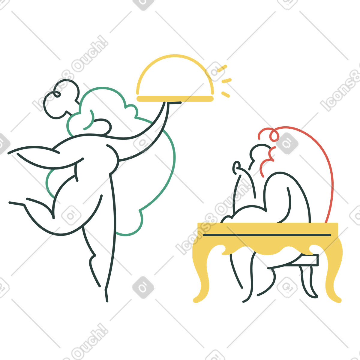 Chef che serve cibo a un cliente illustrazione in stile Macaroni scarica in PNG, SVG