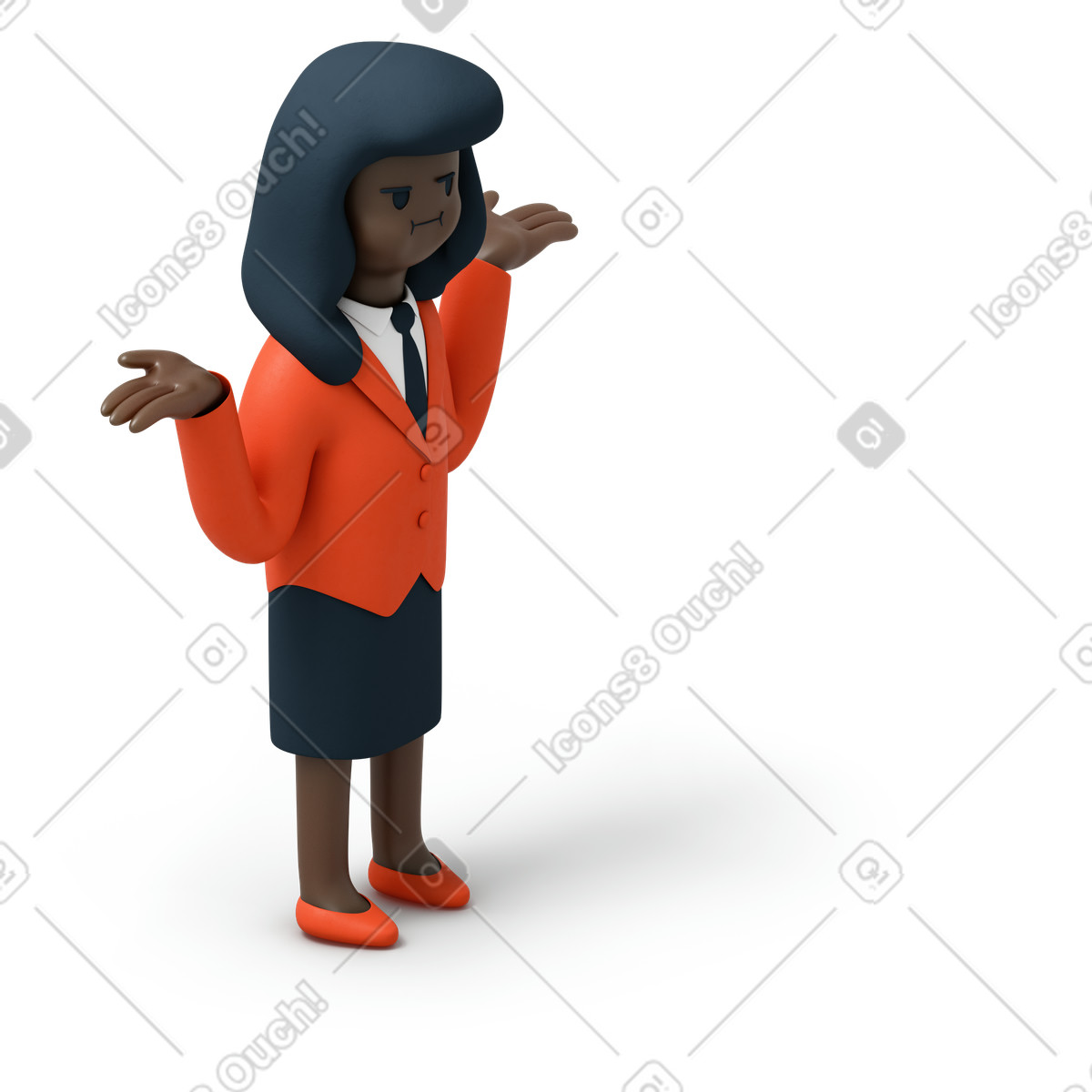 下载 3D Flame 风格的 耸肩的黑人女商人 插画，支持 PNG、SVG 格式