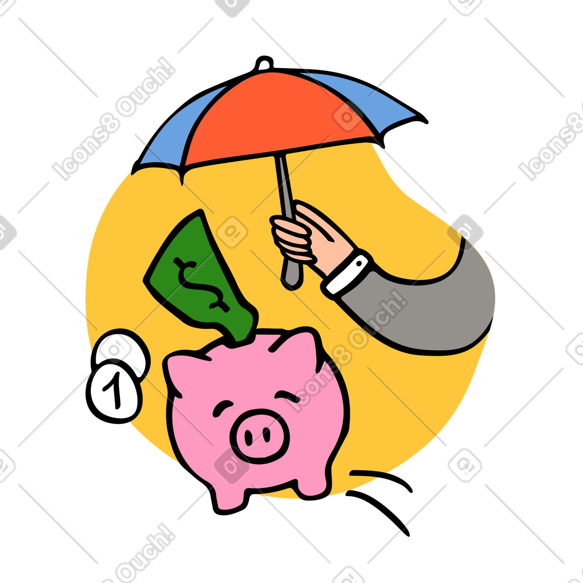 Piggy bank under umbrella, Money security and savings protection illustration in Comic style download in PNG, SVG
