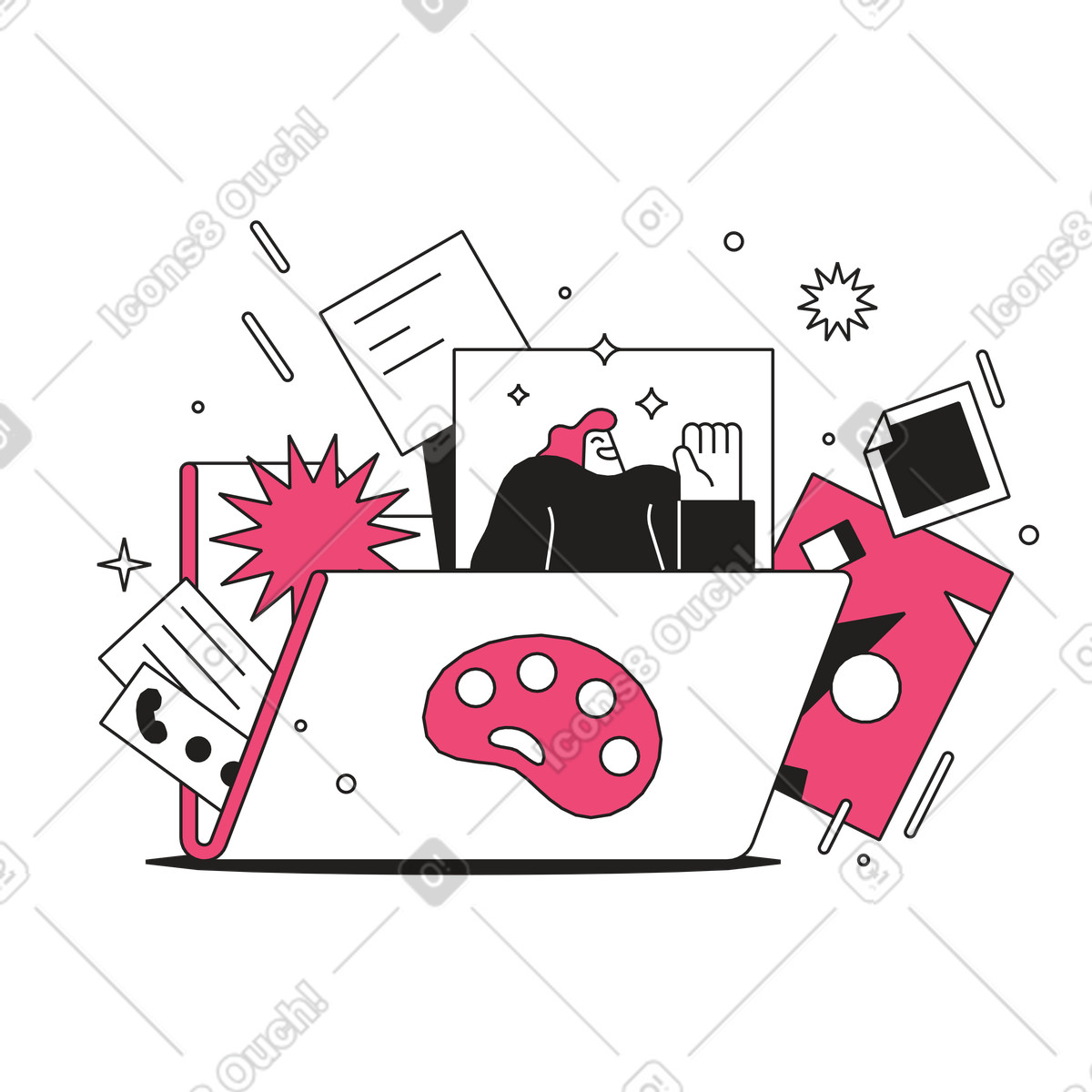 Designer-portfolio mit kreativer arbeit-Illustration im Dazzle Line-Stil als Download in PNG, SVG