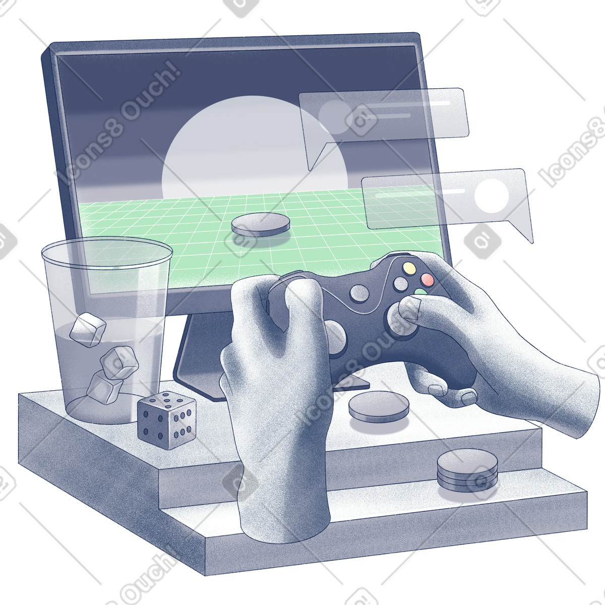 Ilustración Lugar de trabajo del jugador con monitor computadora y joystick en estilo Haze a descargar en PNG SVG