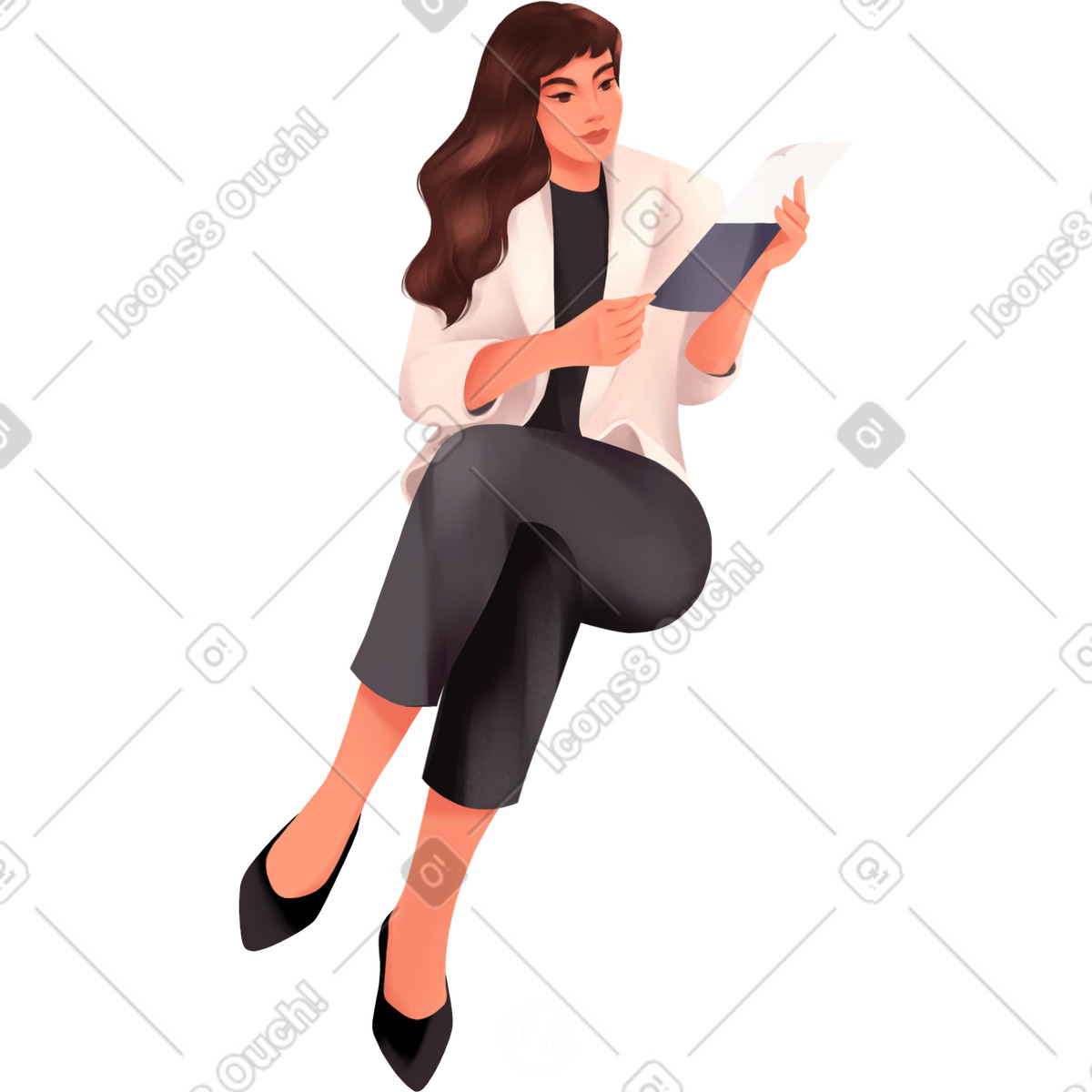 Frau sitzt und hält einen umschlag-Illustration im Demure-Stil als Download in PNG, SVG