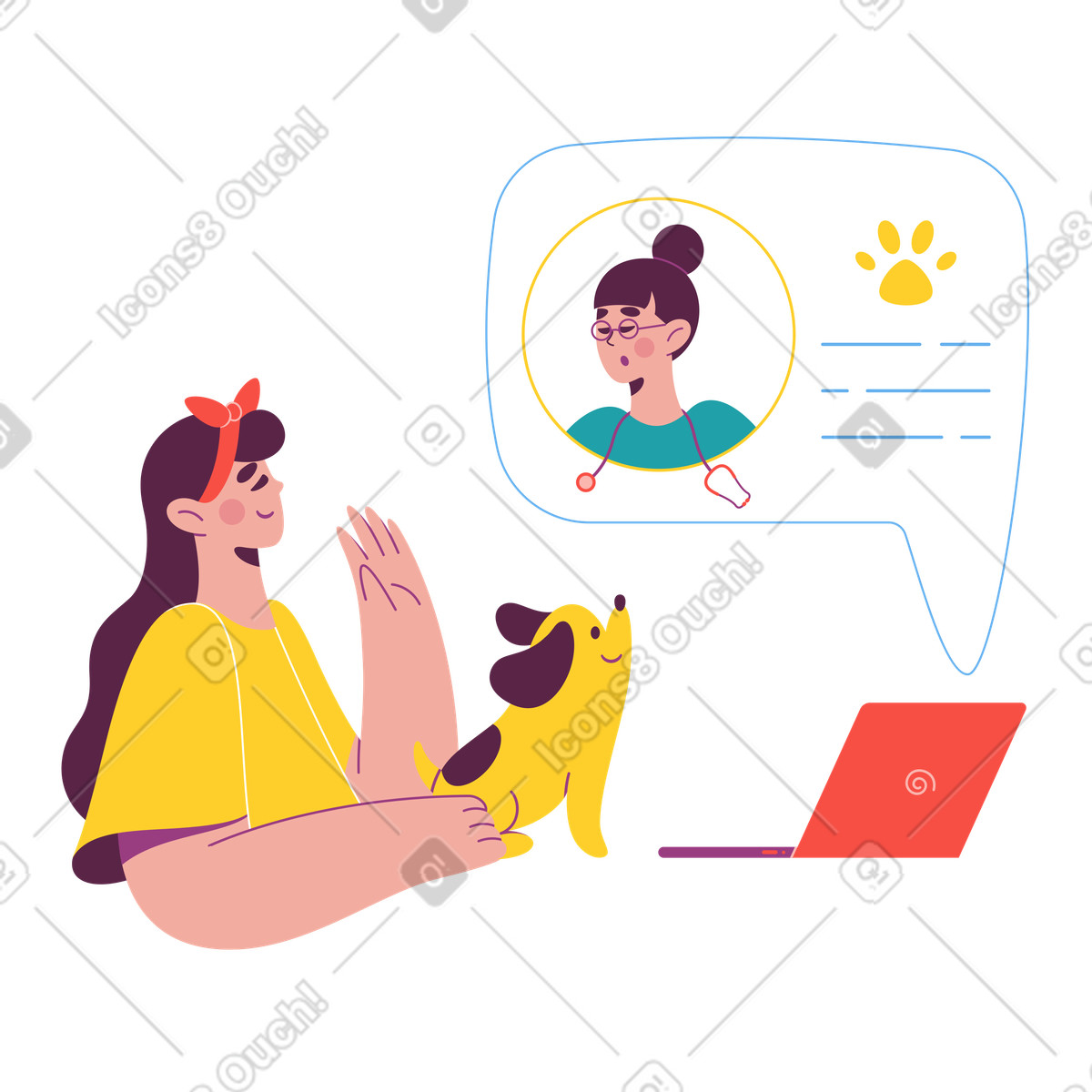 Illustration Une fille avec un chien obtient consultation en ligne médecin dans le style Sammy à télécharger aux formats PNG, SVG