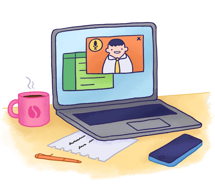 A laptop with a video call and coffee - Hue style illustration