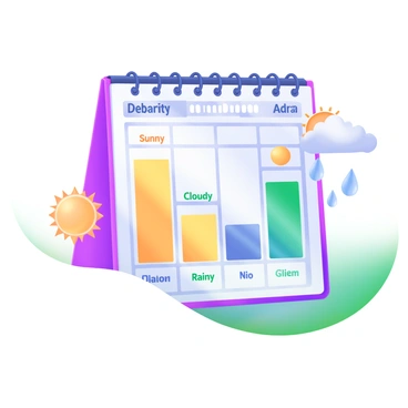 A modern pastel illustration depicting a weather chart divided into sections representing fractions of "Sunny," "Cloudy," and "Rainy" days throughout a month. Each section is colored appropriately, with "Sunny" in bright yellow, "Cloudy" in soft gray, and "Rainy" in light blue. The chart features a calendar at the top with each day's weather icon, and beside it, a legend that clearly labels each weather condition. Additionally, small icons of the sun, clouds, and raindrops are placed near the corresponding sections to enhance clarity.