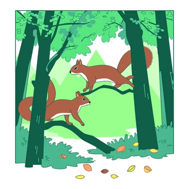 A duo of brown squirrels is playfully chasing each other along the thick branches of tall green trees in a forest. The squirrels leap from one branch to another, their fluffy tails trailing behind them. Bright sunlight filters through the leaves, creating dappled patterns on the forest floor below. The trees are covered in vibrant green foliage, with some branches adorned with small, delicate buds. A scattering of fallen leaves in shades of orange and yellow can be seen on the ground, adding to the lively atmosphere of the scene.