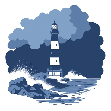 The Morris Island Lighthouse, with its distinctive black and white stripes, stands tall and imposing. Dark clouds swirl ominously in the stormy Charleston sky, creating a dramatic contrast. Waves crash against the rocky shoreline, sending sprays of water into the air. The lighthouse stands firm, its light beacon shining brightly through the gathering storm, while patches of light break through the clouds, illuminating the scene below.