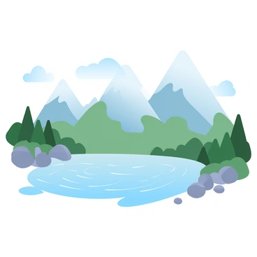 A wide mountain landscape is displayed, with towering peaks covered in patches of lush green vegetation. The sky above is clear and bright, featuring a gradient of soft pastel blues. A tranquil lake reflects the serene mountains and the sky, with ripples gently disturbing the water's surface. Small clusters of rocks line the shore of the lake, and a few scattered pine trees are visible on the banks, adding to the natural beauty of the scene.