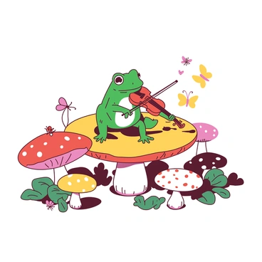 A green frog is sitting on a large, flat mushroom that serves as a stage. The frog is holding a tiny violin with its webbed hands, playing a delicate melody. Surrounding the stage are various colorful mushrooms of different shapes and sizes, creating a whimsical environment. In the background, small critters like butterflies and ladybugs are gathered, watching the performance with keen interest. A gentle light illuminates the scene, highlighting the frog and its tiny violin.
