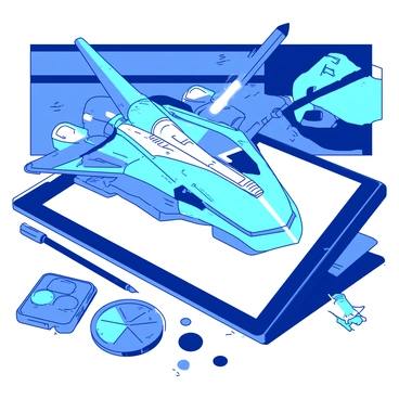 A blue spaceship is prominently displayed on a digital canvas in a studio environment. The spaceship features sleek lines and intricate details, showcasing advanced technology. Next to the spaceship, a digital stylus hovers above a tablet displaying a detailed illustration of the ship. Bright white light from the tablet illuminates the workspace, highlighting various tools and color palettes scattered around the table. The artist's hand is visible, focused on adding final touches to the spaceship design.
