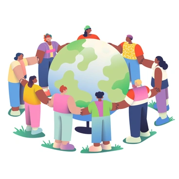 A diverse group of people, including individuals of different ethnicities, ages, and genders, are standing in a circle, each person holding hands with the others. They are positioned around a large, detailed globe that displays various continents and ocean colors. The globe is resting on a grassy surface, with soft sunlight illuminating the scene. Each person is wearing colorful clothing that reflects their individual cultures, adding vibrant tones to the image. Their expressions convey unity and joy, as they work together to symbolize global connection.