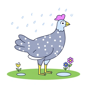A guinea fowl with a speckled gray and white plumage is shaking off raindrops from its body. The bird stands in a grassy area, with small puddles forming around its feet. Light rain is falling from a cloudy sky, creating a serene atmosphere. The guinea fowl's feathers are slightly ruffled from the moisture, and it has an alert expression as it shakes its head. A few colorful wildflowers can be seen in the background, adding a touch of vibrancy to the scene.