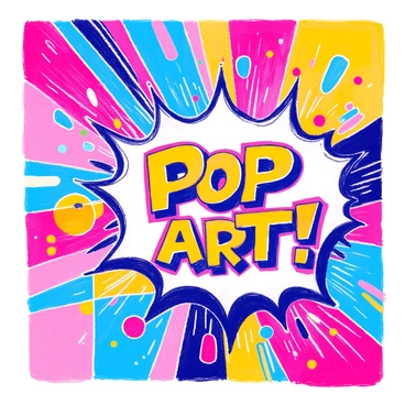 A vibrant composition features a large, colorful explosion of geometric shapes in various sizes. Bold black lines create defined sections, filled with bright colors like electric blue, vivid yellow, and hot pink. In the foreground, a large comic-style speech bubble contains the words "POP ART!" in a dynamic font. Surrounding the main elements are scattered dots reminiscent of comic printing, adding texture and energy to the overall scene. The background is a solid color that enhances the vibrancy of the shapes and text.