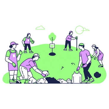 A group of volunteers is actively cleaning up a local park. They are picking up litter and organizing trash bags. In the background, some volunteers are planting young trees in prepared holes in the ground. Each tree is marked with a small sign that displays its type. The scene shows a large open space filled with green grass, and there are a few benches scattered throughout the park. The volunteers are wearing casual clothing, some with gloves and sun hats, engaging with each other while working. The sky above is clear with a bright sun illuminating the scene.