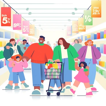 A joyful family is shopping in a busy department store during Black Friday. The family consists of four members: a father with short black hair wearing a red holiday sweater, a mother with long brown hair in a green coat, and two children, a boy with curly hair in jeans and a girl in a pink dress. They are pushing a shopping cart filled with colorful bags and toys. Around them, other shoppers are browsing through shelves filled with clothing and electronics. Bright sale signs in various colors are hanging from the ceiling, and a festive atmosphere fills the store as people discuss deals excitedly.