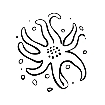 A detailed illustration of a single coral polyp displaying its tentacles extended outward. The polyp is positioned at the center, showcasing its intricate structure and textures. The tentacles are delicately arranged, radiating from the body of the polyp, resembling a starburst pattern. Small particles can be depicted around the tentacles, hinting at the feeding process. The background is simple, emphasizing the polyp as the main focus of the image.