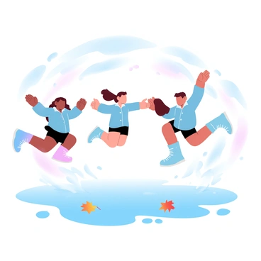 A group of children wearing colorful raincoats and bright rubber boots is joyfully jumping into large puddles on a rainy day. Water is splashing up around them as they leap into the air, creating arcs of droplets. Some children are laughing, while others are reaching out to each other. The ground is wet and reflects the gray sky above, and the atmosphere is filled with excitement and playful energy. Nearby, a few autumn leaves float on the surface of the puddles, adding to the scene.