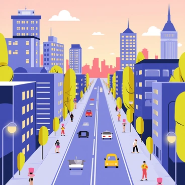 A bustling cityscape featuring tall buildings with various architectural styles. The sky is transitioning into dusk, showcasing shades of orange and purple as the sun sets. City streets are filled with small cars and people walking, creating a lively atmosphere. Streetlights begin to glow, illuminating the sidewalks and casting shadows. In the background, a silhouette of a distant skyline adds depth to the scene. A few trees are scattered throughout, enhancing the urban environment.