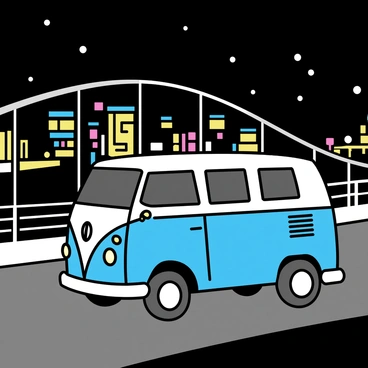 A VW van, painted in bright blue, is driving across a bridge at night. The van's surface reflects vibrant city lights from surrounding buildings. The bridge has a sleek design with metal railings and arches. In the background, the skyline is filled with illuminated skyscrapers and glowing streetlights. The night sky is dark, emphasizing the shimmer of the van against the urban backdrop.