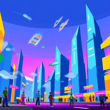 A futuristic cityscape featuring towering skyscrapers with sleek, glass facades. The skyscrapers are designed with unique, angular shapes, reflecting light in various colors. Floating vehicles soar between the buildings, with bright neon lights illuminating their sleek designs. The sky above is a deep blue with hints of purple, suggesting a vibrant sunset. Below, bustling streets filled with pedestrians are visible, showcasing a mix of people in modern clothing. The scene captures the energy and innovation of a futuristic urban environment.