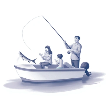 A small fishing boat is floating on a calm body of water. In the boat, four family members are present: a father, a mother, a son, and a daughter. The father is standing at the edge of the boat, holding a fishing rod with a large fish splashing at the water's surface. The mother is sitting on a bench, looking at the fish with a joyful expression. The son is crouching next to his father, eagerly watching the catch, while the daughter is clapping her hands in excitement. The scene captures a moment of shared happiness and anticipation in their fishing adventure.