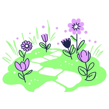 A garden is depicted in the mind. Various thoughts are represented as blooming flowers in vibrant colors. These flowers take on different shapes and sizes, each symbolizing a unique thought or idea. The garden has winding pathways made of light-colored stones, with patches of grass that frame the flowers. In the background, there are wisps of green leaves gently swaying, contributing to the organic feel of the scene. Sunlight filters through, casting gentle shadows on the ground, while a soft breeze appears to move the flowers subtly, adding a sense of life to the garden.