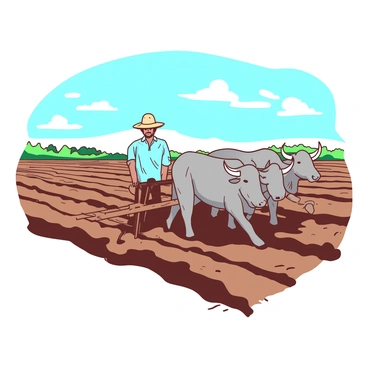 A pair of strong gray oxen are pulling a wooden plow through rich brown soil in a vast agricultural field. The farmer, dressed in a straw hat and a light blue shirt, stands at the back of the plow, guiding the oxen with gentle reins. The field stretches out under a clear blue sky, with a few fluffy white clouds lazily drifting by. Rows of freshly turned earth can be seen, indicating the hard work being done. In the distance, there are patches of green from nearby crops peeking over the horizon.