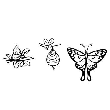 A detailed illustration sequence depicting the stages of the metamorphosis of a luna moth. The first image shows a small, green caterpillar resting on a branch, surrounded by leaves. The second illustration captures the caterpillar in a cocoon, suspended from the branch, with delicate threads visible. The final image displays the fully matured luna moth, with large, sweeping wings open, showcasing intricate patterns. Each stage is presented in a clear, educational format, emphasizing the natural progression of the moth's life cycle.