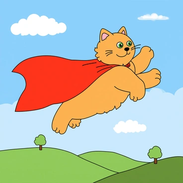 A fluffy orange cat wearing a bright red superhero cape is soaring through a clear blue sky dotted with fluffy white clouds. The cat has a determined expression on its face, with wide green eyes focused ahead. Its paws are extended as if it's gliding confidently through the air. Below, the landscape features rolling green hills and a few trees, adding depth to the scene. The sunlight illuminates the cat's fur, making it look vibrant against the backdrop of the sky.