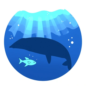 A small teal sunfish is swimming gracefully near a gigantic blue whale in the deep ocean. Sunbeams penetrate through the water surface, illuminating the path of the sunfish and creating a beautiful contrast against the dark blue depths. The whale glides majestically, its massive body casting a shadow over the sunfish. Bubbles rise from the whale as it moves, adding to the serene underwater atmosphere.