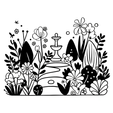 A variety of plants and flowers displayed in an intricate line drawing of a botanical garden. Different species of flowers, such as daisies, roses, and tulips, are scattered throughout the composition. Tall ferns and leafy shrubs provide depth and texture to the arrangement. A winding pathway made of stones weaves through the garden, leading to an ornate fountain at the center. Several small butterflies and bees are illustrated resting on the flowers, adding life to the scene. The entire image is captured in a detailed black-and-white illustration format.