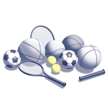 A dynamic arrangement of various sports equipment positioned throughout the frame. In the foreground, several "soccer balls" are scattered, some partially hidden behind a cluster of "basketballs" stacked together. Nearby, a pair of "tennis racquets" lies crossed on the ground, with yellow tennis balls positioned near them. The background features additional sports gear, creating a sense of lively activity and movement throughout the composition.