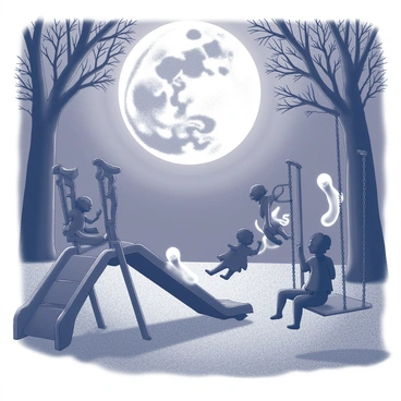 A Victorian playground is illuminated by the soft glow of a full moon. The playground features ornate wrought iron swings and slides, characteristic of the Victorian era. In the scene, several ghostly children are playing: two ethereal figures swing back and forth, their translucent forms gently swaying in the moonlight. Nearby, a third ghost child slides down the slide, leaving a faint shimmer in the air as they descend. The surroundings include tall trees with intricate branches silhouetted against the night sky, and the ground is covered with a carpet of soft grass. The atmosphere feels both playful and haunting, as the ghost children laugh silently in their timeless game.