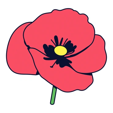A close-up illustration of a single vibrant red poppy. The poppy has intricate petals that appear silky and slightly crinkled. The petals have deep, rich red hues, with subtle variations in tone. In the center of the flower, there is a delicate cluster of black stamens surrounded by a bright yellow anther. The background is soft and unobtrusive, allowing the vivid colors of the poppy to stand out prominently.