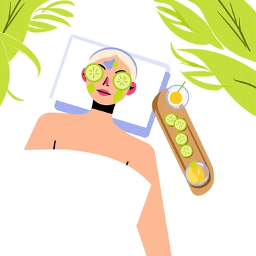 A person lying on a plush white towel, surrounded by soft green plants, is enjoying a moment of relaxation. They have a "colorful clay face mask" applied to their face, featuring vibrant swirls of purple, green, and blue. "Cucumbers" are placed over their closed eyes, creating a serene look. Beside them, there is a small wooden tray holding a few additional cucumber slices and a glass of refreshing lemonade. A gentle breeze rustles the nearby leaves, enhancing the peaceful atmosphere.