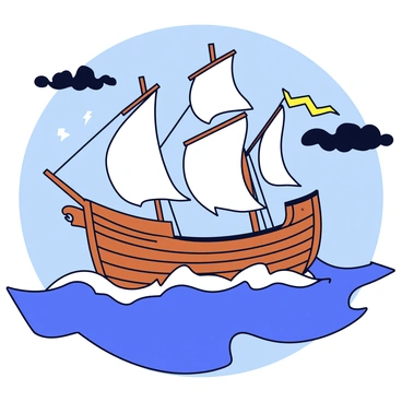 A detailed old ship with tall masts and billowing sails is navigating through a stormy sea. The ship is shown leaning to one side due to strong winds, with waves crashing against its hull. Dark clouds fill the sky, and lightning forks can be seen in the background. The sea is turbulent, with high waves and white foam at the crests, emphasizing the intensity of the storm. The ship's wooden texture is visible, and it has an ornate figurehead at the bow.