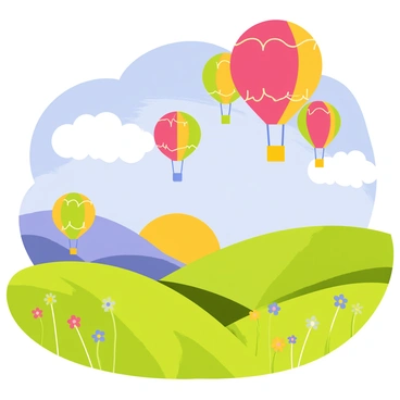 A cluster of colorful hot air balloons with vivid patterns and designs is floating gracefully in the sky. Each balloon features a unique color scheme, including bright reds, yellows, blues, and greens. Below, a lush valley is filled with vibrant green grass and scattered wildflowers in various colors. The sun casts soft shadows as it sets behind the distant hills, adding a warm glow to the scene. Fluffy white clouds drift lazily across the blue sky, completing this picturesque landscape.