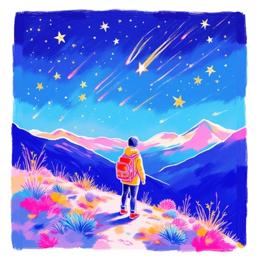 A lone traveler stands on a rocky hilltop, looking up at a vast night sky filled with numerous shooting stars. The stars leave bright trails behind them as they streak across the dark expanse. The traveler is wearing a weathered backpack and a warm jacket, with a sense of wonder on their face. The landscape around them is rugged, with sparse vegetation and distant mountains silhouetted against the starry backdrop. The scene captures the magical moment of wishes being made, as the traveler gazes in awe at the celestial display.