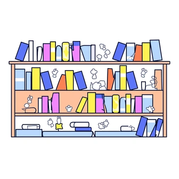 A row of wooden bookshelves filled with various colorful books. The shelves are adorned with playful puppy pawprints in different sizes, scattered across the surfaces. Some pawprints lead from the bottom shelf to the top shelf, creating a whimsical trail. The books are neatly arranged, with a mix of hardcovers and paperbacks, some standing upright and others stacked horizontally. The background is a simple light color to enhance the focus on the bookshelves and pawprints.