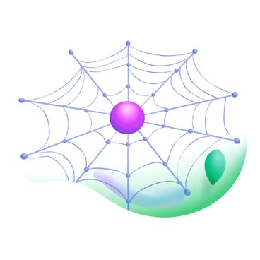 A detailed illustration of a spider web with various intricate nodes interconnected by delicate threads. One prominent node is highlighted in a bright red color, signifying it as the "root cause" of the web's structure. The surrounding nodes are depicted in soft pastel shades of blue and green, creating a contrast with the highlighted node. The web appears to be suspended against a light background, enhancing the visual impact of the highlighted node and its connections.