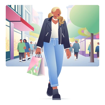 A woman with light brown hair, styled in loose waves, is walking down a busy city street. She is wearing a fashionable black leather jacket over a white blouse, paired with skinny jeans and ankle boots. In her right hand, she is carrying a stylish shopping bag with a geometric pattern in pastel colors. The street is bustling with people, and boutique stores with elegant window displays are visible on both sides. There are trees lining the sidewalk, and an awning from a nearby café is partially covering the scene. The atmosphere is lively with various shoppers and city-goers.