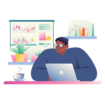 A thoughtful investor with dark skin and short black hair is sitting at a table in a cozy café, focused on analyzing Ethereum charts and graphs displayed on a silver laptop. The investor is wearing a navy blue sweater and glasses, and a steaming cup of coffee sits beside the laptop on the wooden table. Soft lighting illuminates the space, and there are potted plants in the background, adding a touch of greenery to the warm atmosphere. The laptop screen shows colorful graphs with upward and downward trends, reflecting the investor's deep concentration on the market data.