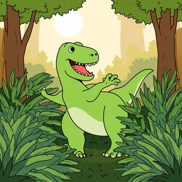A playful T-Rex with bright green scales and a wide grin is peeking through thick, lush green foliage in a prehistoric forest. The T-Rex has tiny arms raised in excitement, showcasing its sharp claws. Surrounding it are various types of tall ferns and broad-leaved plants, all in vibrant shades of green. Sunlight filters through the treetops, casting warm, dappled light on the scene. In the background, there are silhouettes of large, distant trees that add depth to the forest setting. The entire image captures a lively and whimsical moment in a prehistoric environment.
