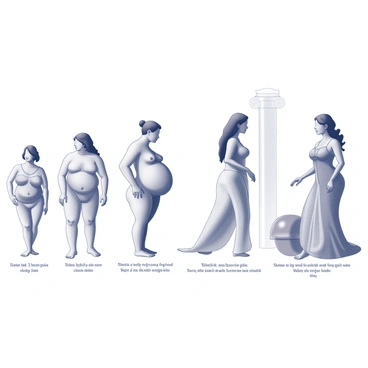 A series of illustrations depicting the evolution of body fat standards across various historical eras. The first illustration shows figures from ancient times, characterized by fuller body types, with a backdrop suggesting a classical setting. The second illustration represents the Renaissance period, highlighting a shift towards curvier yet more proportionate bodies, set against an ornate architectural background. The third illustration captures the Victorian era, focusing on an hourglass figure, with details of period clothing and societal elements. The last illustration illustrates contemporary standards, emphasizing fitness and athleticism, featuring modern attire and a gym background. Each figure is labeled with the corresponding era to highlight the progression of body fat standards over time.