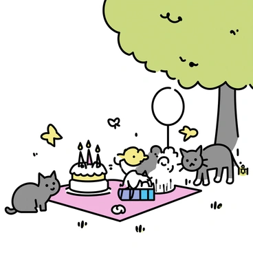A backyard scene with green grass and a large shaded tree. In the center, there is a picnic blanket spread out, featuring a colorful spread of birthday treats, including a cake with candles, balloons, and party hats. A small, playful gray cat with white paws is curiously sniffing around the birthday cake. Nearby, a few birthday presents are wrapped in shiny paper, and a small stuffed animal sits beside the picnic setup. The atmosphere is lively and festive, with a few butterflies fluttering nearby.